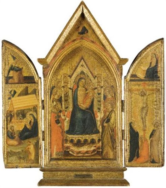 The Madonna And Child Enthroned With Saint Nicholas Of Bari, Two Female Saints, (saint George?) And Six Angels, With Christ The Redeemer In The Apex Above (+ 2 Others, Smllr; 3 Works)(tabernacle) Oil Painting by Jacopo (del Casentino) Landini