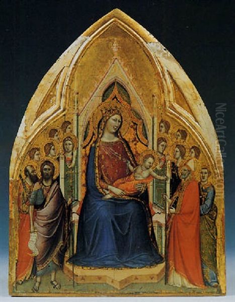 Madonna Col Bambino, San Paolo, San Giovanni Battista, Santo Vescovo, Santo Diacono E Angeli Oil Painting by Jacopo (del Casentino) Landini