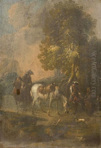 Reitergruppe In Landschaft Oil Painting by Salomon Landolt