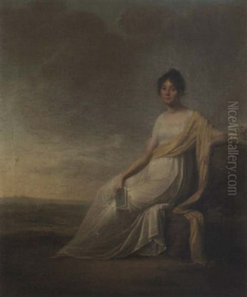 Jeune Femme Assise Tenant Un Livre Devant Un Paysage Oil Painting by Charles Paul Landon