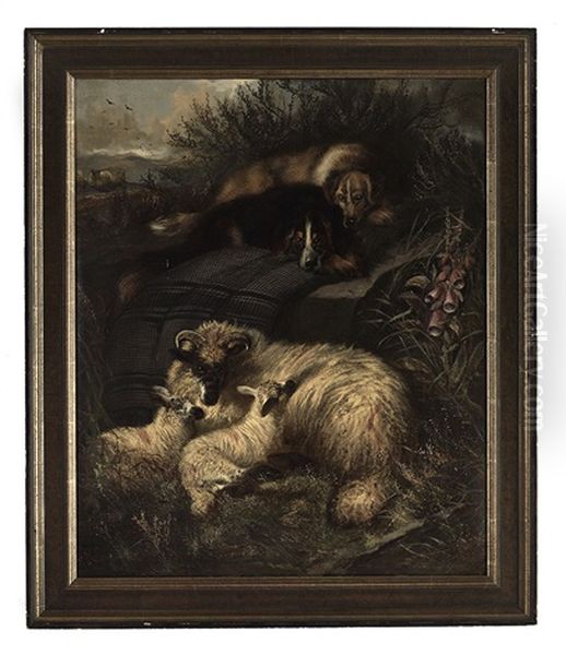 Two Dogs Guarding A Ewe And Her Two Lambs Oil Painting by Sir Edwin Henry Landseer