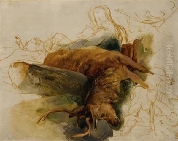 A Dead Stag, With Sketched Figures Of A Ghillie And Hounds Oil Painting by Sir Edwin Henry Landseer