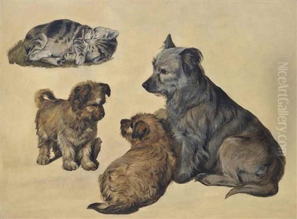 A Terrier With Her Puppies And A Kitten by Sir Edwin Henry Landseer