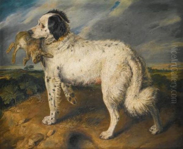 The Champion; Venus, A Landseer Newfoundland With A Rabbit Oil Painting by Sir Edwin Henry Landseer