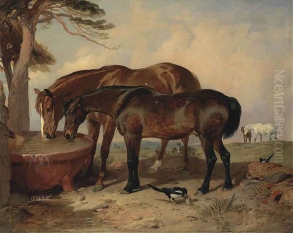 Merry Trick And Mark Hall; A Chestnut And A Bay Horse Drinking From A Trough In A Landscape Oil Painting by Sir Edwin Henry Landseer