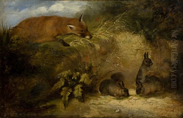 Volpe E Conigli Oil Painting by Sir Edwin Henry Landseer