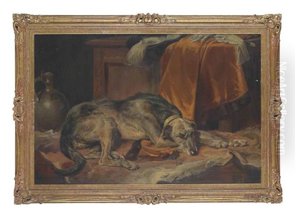 A Wolfhound In An Interior Oil Painting by Sir Edwin Henry Landseer