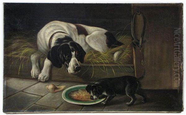 Hunting Dog And Puppy In Barn Oil Painting by Sir Edwin Henry Landseer