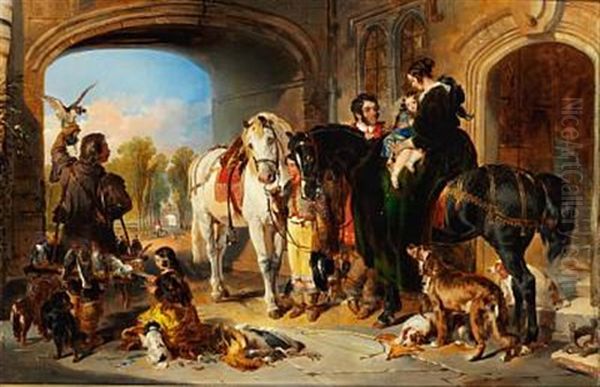 Bolton Abbey - After The Falconry - Lord And Lady Ellesmere And Their Son Lord Egerton Oil Painting by Sir Edwin Henry Landseer