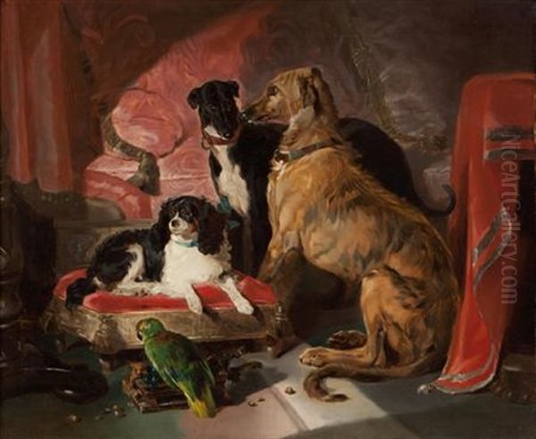 Hector, Nero And Dash With The Parrot, Lory Oil Painting by Sir Edwin Henry Landseer