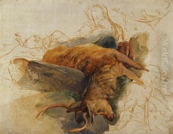 A Dead Stag, With Sketched Figures Of A Ghillie And Hounds Oil Painting by Sir Edwin Henry Landseer