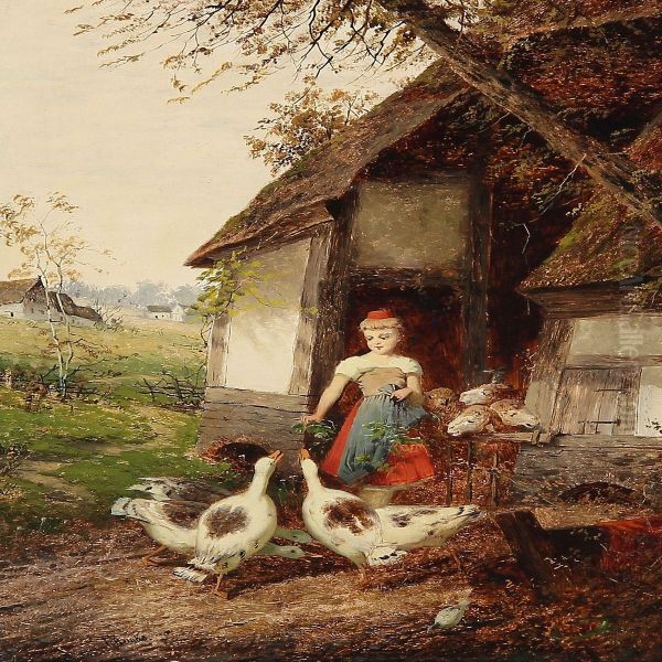 Peasant Girl Feeding The Geese Oil Painting by Fritz Beinke