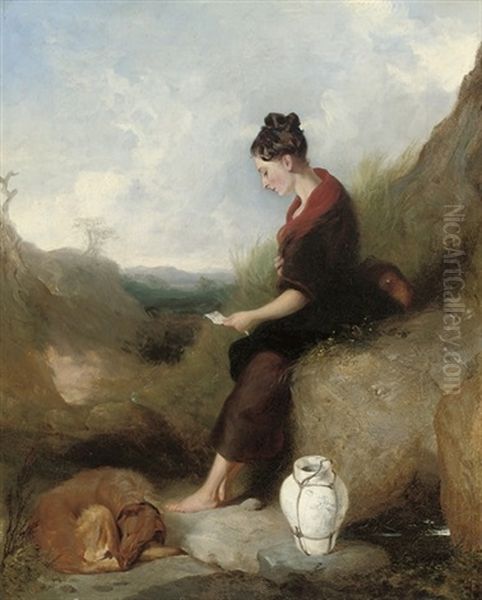 A Young Girl Seated On A Rock Reading A Letter Oil Painting by Sir Edwin Henry Landseer