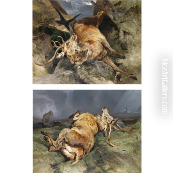 A Deer Fallen From A Precipice (+ A Deer Just Shot; Pair) by Sir Edwin Henry Landseer