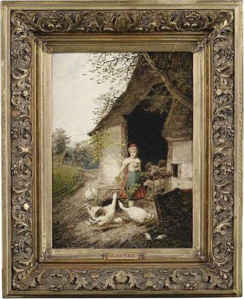 A Goose Maiden In Frontof A Stable. Oil Painting by Fritz Beinke