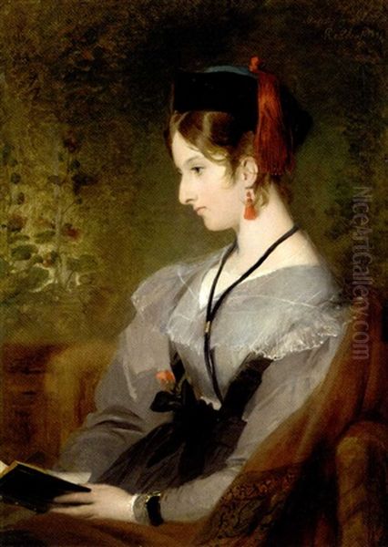 Portrait Of Elizabeth Wells, Later Lady Dyke, Seated In A Grey Dress, Holding A Book Oil Painting by Sir Edwin Henry Landseer