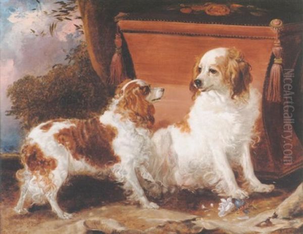 Two Brown And White Spaniels Beside A Velvet Covered Box Stool In A Landscape Oil Painting by Sir Edwin Henry Landseer