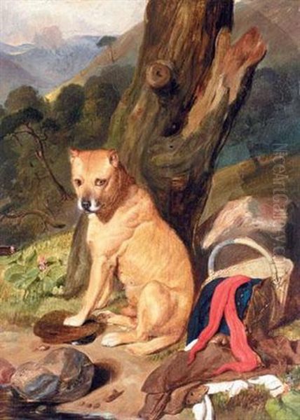 A Dog Sitting By A Tree In A Landscape Oil Painting by Sir Edwin Henry Landseer