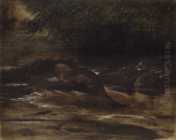 A River Scene, With An Otter Eating A Fish Oil Painting by Sir Edwin Henry Landseer