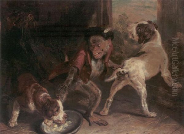 Impertinent Puppies Dismissed By A Monkey Oil Painting by Sir Edwin Henry Landseer