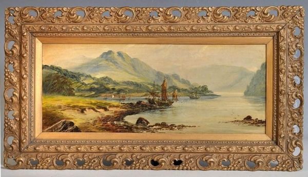 A Continental Riverscape With Moored Fishing Boats And Other Sailing Vessles With Mountains In The Background Oil Painting by Fritz Beinke