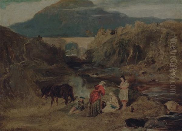 Figures Resting By A River In A Highland Landscape Oil Painting by Sir Edwin Henry Landseer