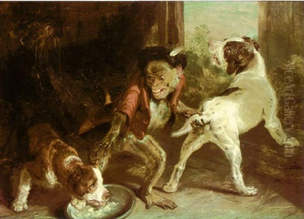 Impertinent Puppies Dismissed By A Monkey Oil Painting by Sir Edwin Henry Landseer