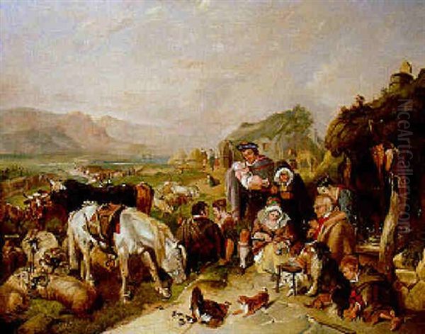 A Scene In The Grampians - The Drovers Depature Oil Painting by Sir Edwin Henry Landseer