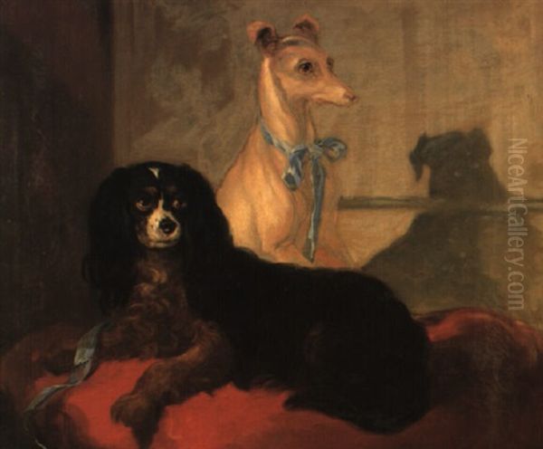 A Whippet And A King Charles Spaniel On A Red Cushion Oil Painting by Sir Edwin Henry Landseer