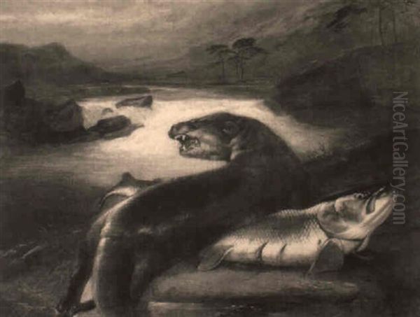 Otter And Salmon Oil Painting by Sir Edwin Henry Landseer