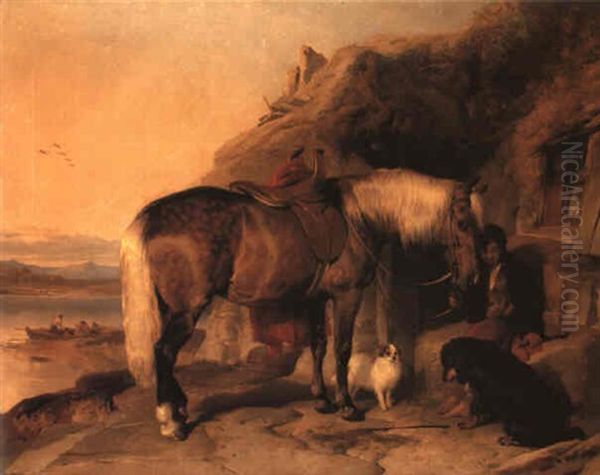 Favourite Pony And Dogs Oil Painting by Sir Edwin Henry Landseer