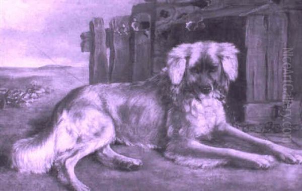 A Favourite Dog Outside A Kennel Oil Painting by Sir Edwin Henry Landseer