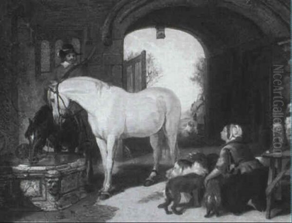 Horses Watering By A Castle Gate Oil Painting by Sir Edwin Henry Landseer