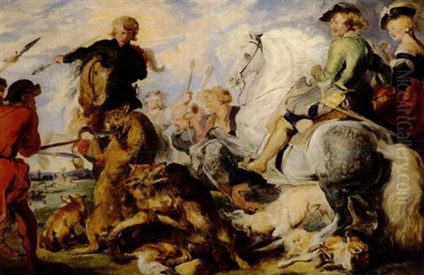 Wolf And Fox Hunt                                           After Peter Paul Rubens Oil Painting by Sir Edwin Henry Landseer