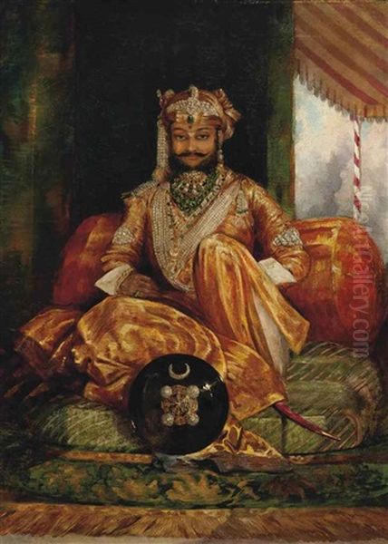 Portrait Of His Highness The Maharajah Holkar Of Indore, Seated Full Length On A Cushion Oil Painting by George Landseer