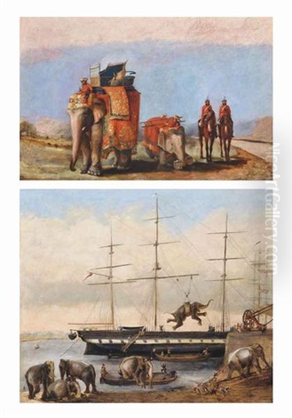 Elephants With Indian Military Figures Being Readied For A Procession (+ Unloading Of Elephants From A Ship; 2 Works) Oil Painting by George Landseer