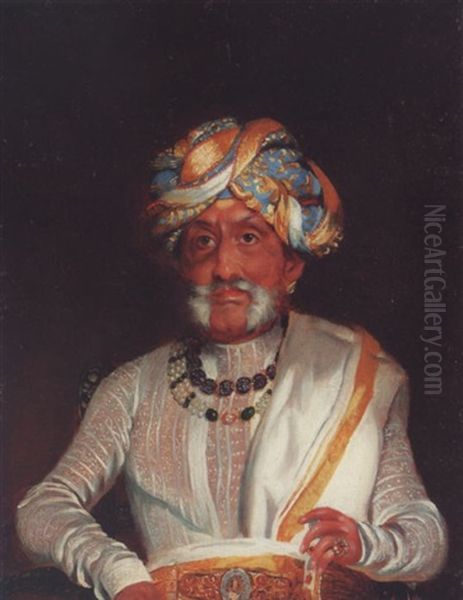 Portrait Of Sir Chamarajendra Wodyar, Maharajah Of Mysore, In A White Costume With A Belt Bearing A Minature Portrait Of Queen Victoria And A Blue And Gold Turban Oil Painting by George Landseer