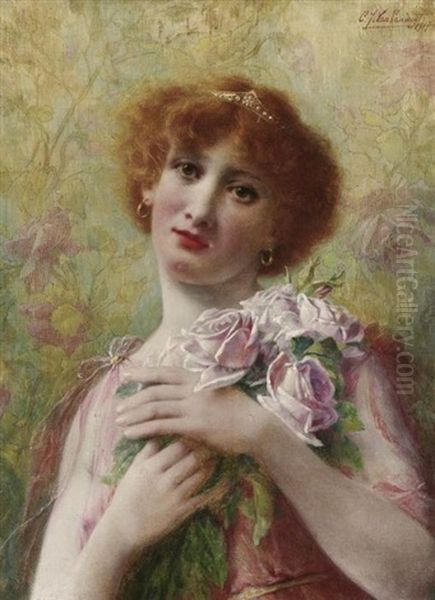 Portrat Einer Jungen Frau Mit Rosen Im Arm Oil Painting by C. J. van Landuyt