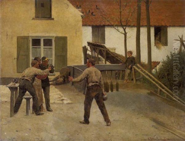 Les Jouers De Quilles Devant Une Ferme Oil Painting by C. J. van Landuyt