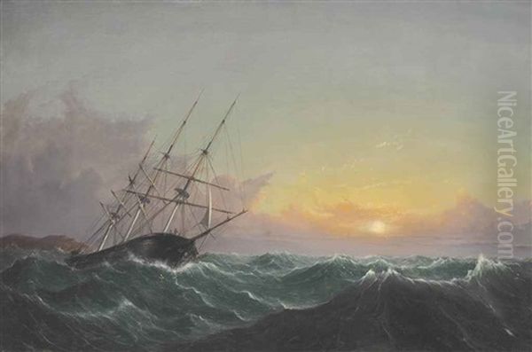 A Storm, Breaking Away, Vessel Slipping Her Cable Oil Painting by Fitz Henry Lane