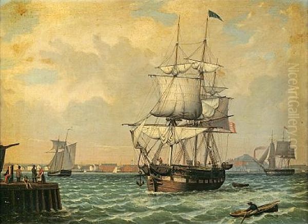 Shipping In A Harbor (new York?) Oil Painting by Fitz Henry Lane