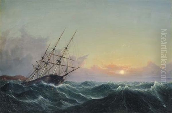 A Storm, Breaking Away, Vessel Slipping Her Cable Oil Painting by Fitz Henry Lane