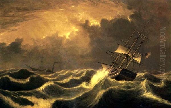 Ships Passing In Rough Seas Oil Painting by Fitz Henry Lane