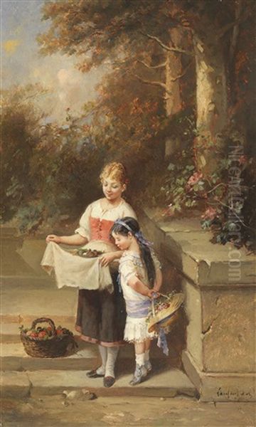 Gemaldepaar: Heimkehr Vom Garten. Das Vogelnest Oil Painting by Francois-Louis Lanfant