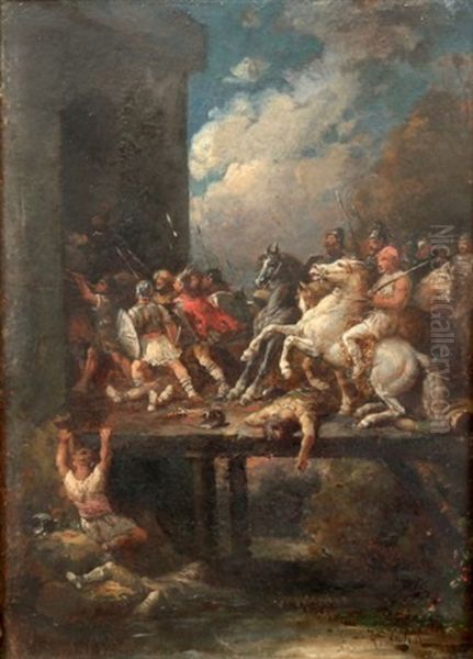 Combat Sur Un Pont A L'entree D'une Forteresse Oil Painting by Francois-Louis Lanfant