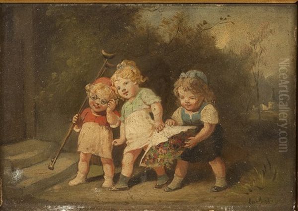 Jeunes Enfants Portant Un Bouquet Oil Painting by Francois-Louis Lanfant