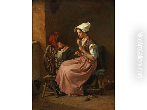 Young Woman Spinning At A Child's Bedside Oil Painting by Francois-Louis Lanfant