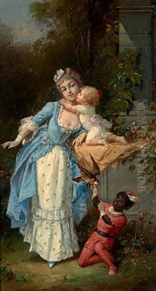 Elegante Et Ses Enfants A La Fontaine Oil Painting by Francois-Louis Lanfant