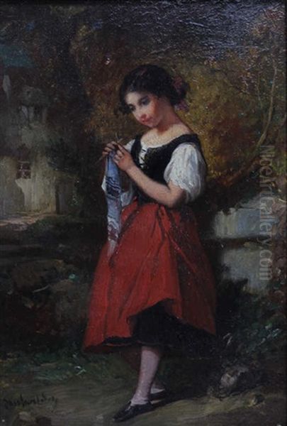 La Petite Tricoteuse Oil Painting by Francois-Louis Lanfant