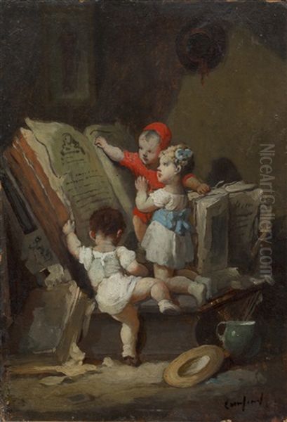 Three Children Before A Large Bible Oil Painting by Francois-Louis Lanfant